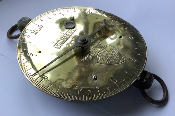 Large polished vintage brass fronted Salter scales